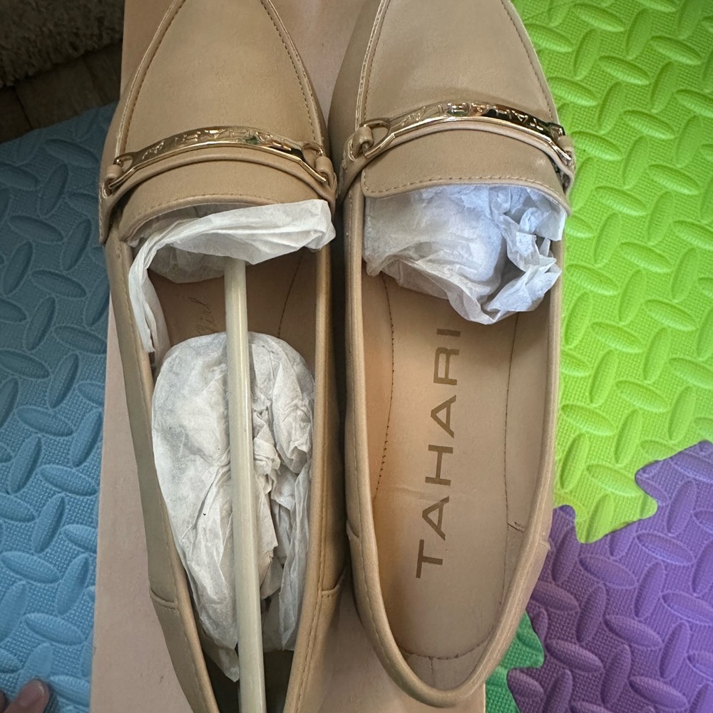 Tahari Nude-Tan Loafers with Gold Tone Bit